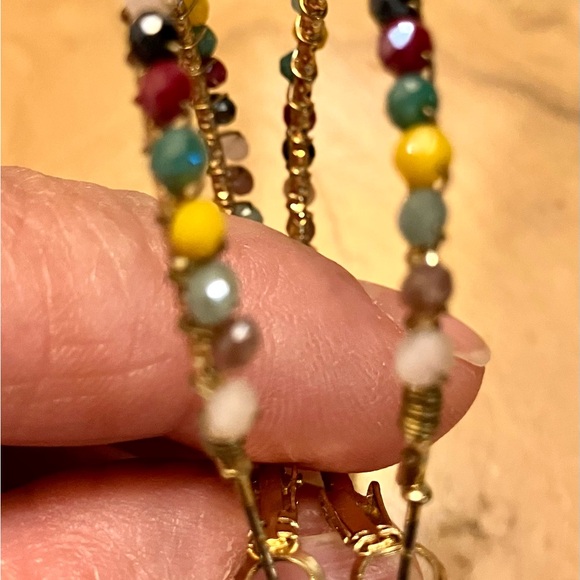 Ladies hoop earrings, gold with colorful shiny beads all around the hoops. - Picture 2 of 11